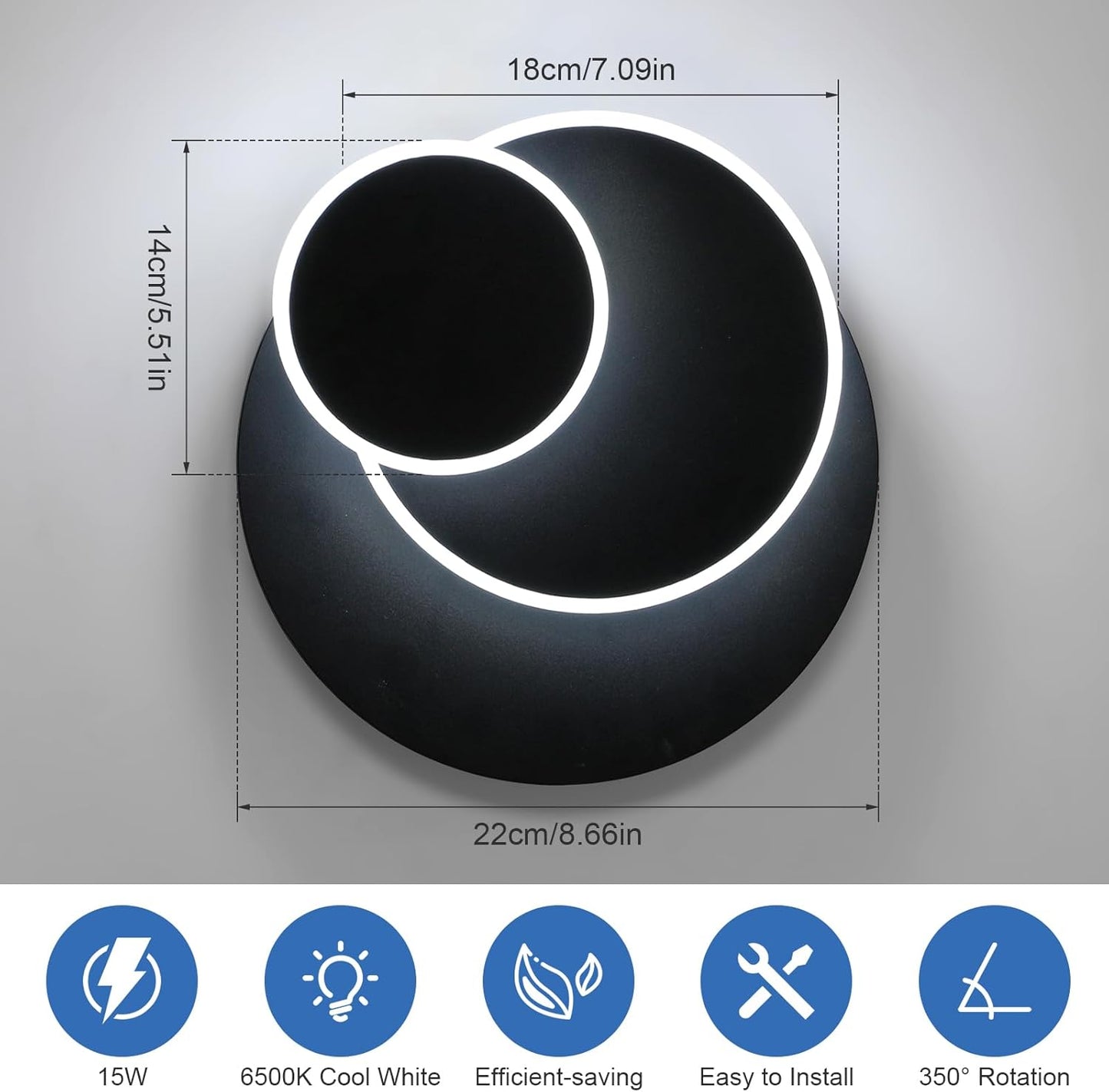 LuxiLamps - Led Wandlamp - 350 ° Draaibaar - Moderne Wandlamp - Zwart - Wall Lamp - LED Muurverlichting