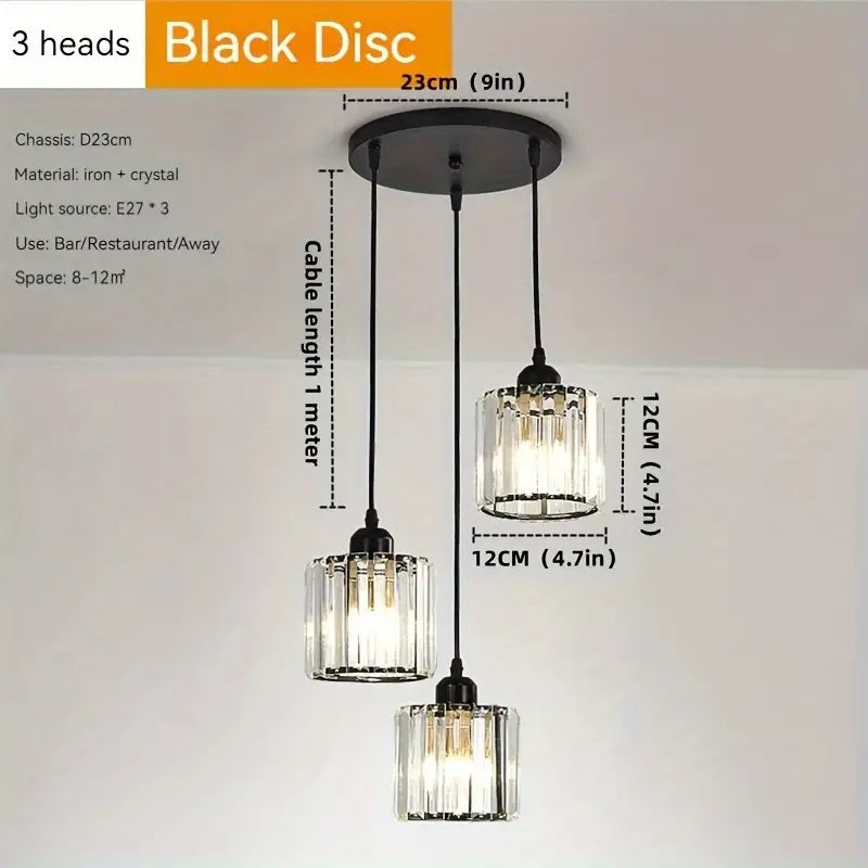 LuxiLamps - 3 Ronde Kristallen Hanglamp - Zwart Kroonluchter - E27 - Voor Keuken Of Eetkamer - Moderne Hanglamp