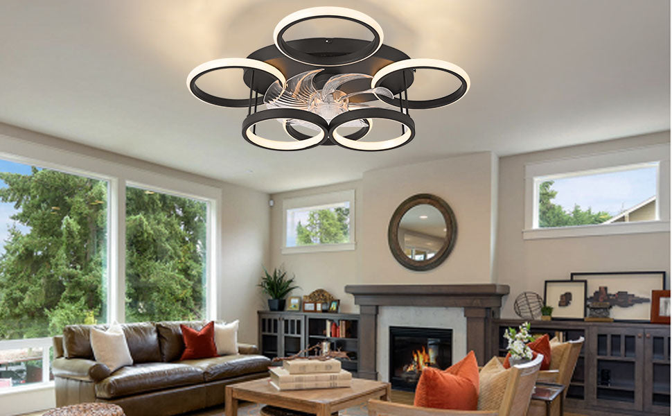 LuxiLamps - 6 Cirkel Plafondventilator - Zwart - 6 Snelheden - Dimbaar Met Afstandsbediening en APP - Moderne Smart Lamp Ventilator