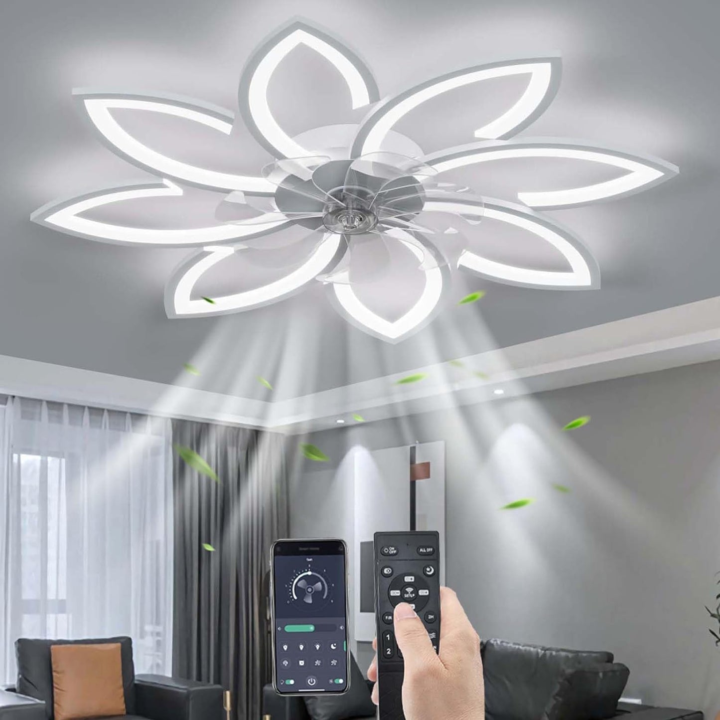 LuxiLamps - 8 Sterren Plafondlamp Met Ventilator - Wit - Met Afstandsbediening - Smart lamp - Dimbaar Met App - 6 Standen Ventilator - Woonkamerlamp - Moderne lamp - Plafoniere
