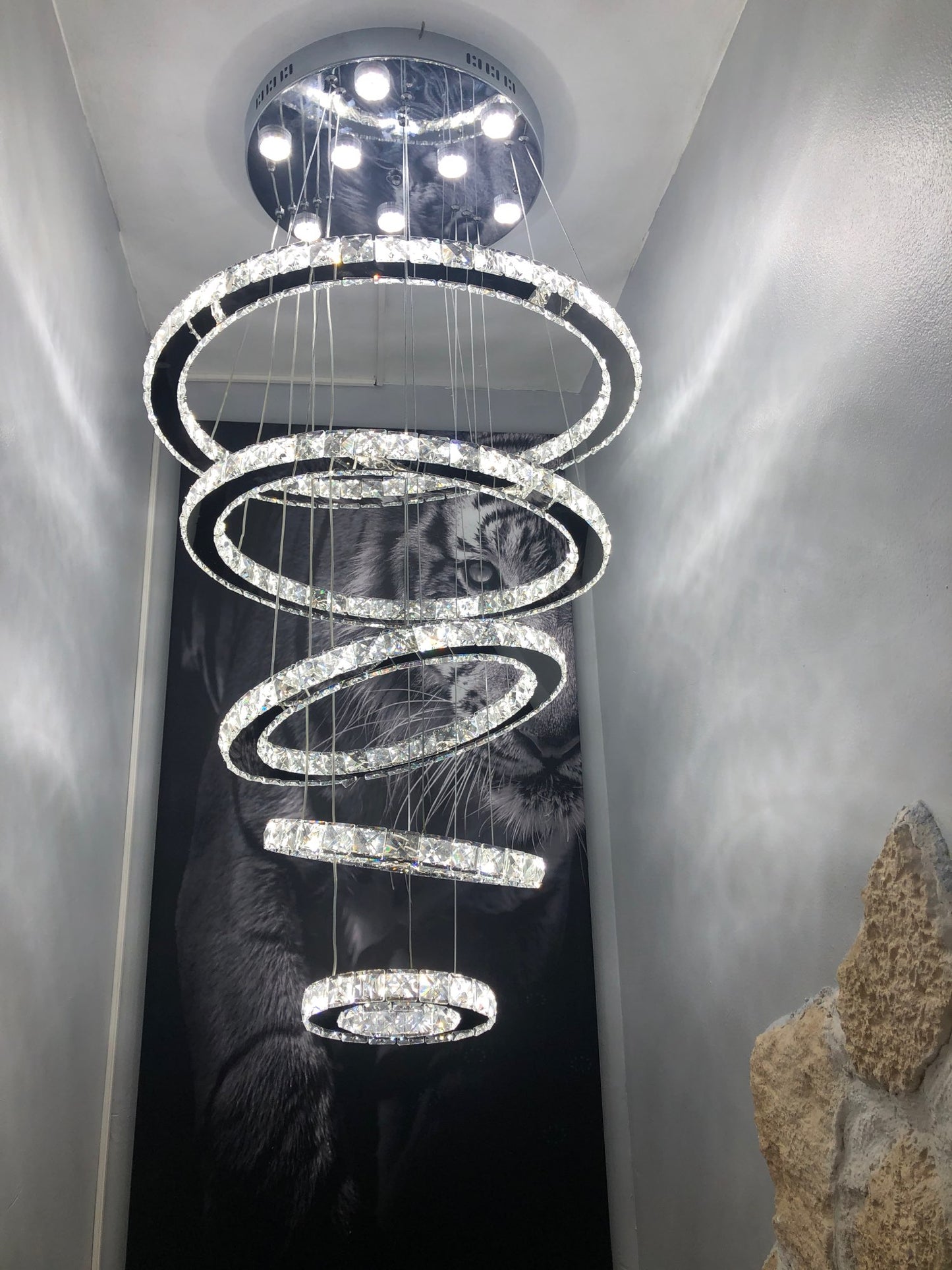 Kristallen Hanglamp - 5 Ringen Kroonluchter - Crystal Led Hanglamp - 3 Kleuren - Woonkamerlamp - Moderne lamp - Hanglamp