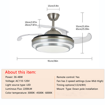 Ventilator Lamp - Plafondventilator - Hanglamp Ventilator - 97 cm - Chroom - Dimbaar - 3 Standen - Afstandsbediening - Woonkamerlamp - Moderne lamp