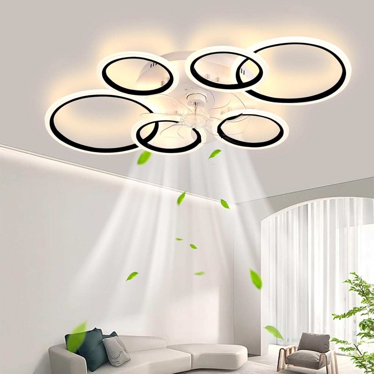 LuxiLamps - 6 Ringen LED Plafondventilator - Zwart - 6 Snelheden - Smart lamp - Dimbaar Met Afstandsbediening & APP - Moderne Cirkel Ventilator Licht - Kroonluchter Ventilator