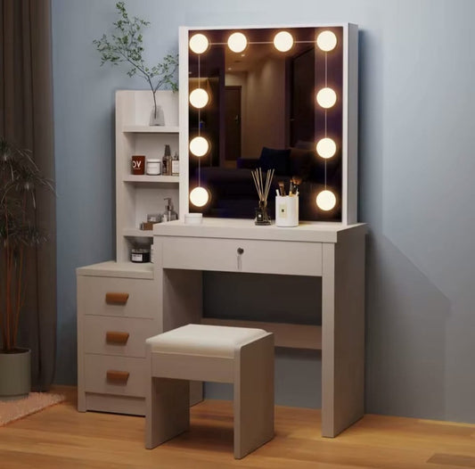 Witte Make-up tafel - Instelbare LED Verlichting - Kaptafel met Spiegel - 4 Laden - Met Kruk - Aanpasbare Planken - Stijlvolle Opslag voor Make-up