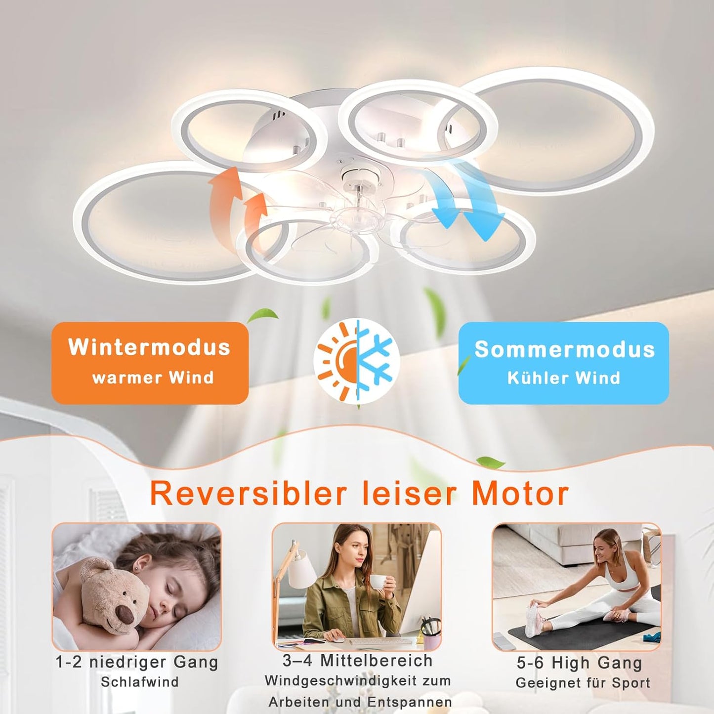LuxiLamps - 6 Ringen LED Plafondventilator - Wit - 6 Snelheden - Smart lamp - Dimbaar Met Afstandsbediening & APP - Moderne Cirkel Ventilator Licht - Kroonluchter Ventilator
