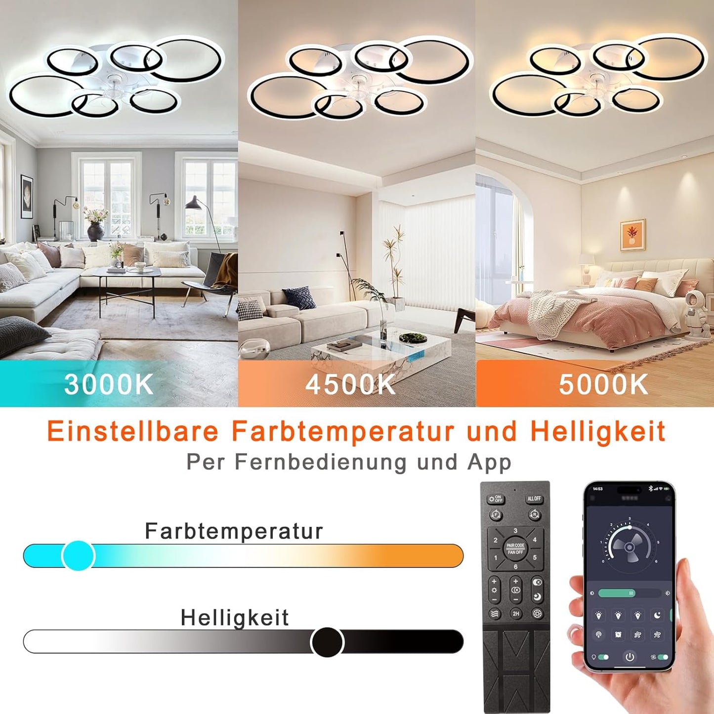 LuxiLamps - 6 Ringen LED Plafondventilator - Zwart - 6 Snelheden - Smart lamp - Dimbaar Met Afstandsbediening & APP - Moderne Cirkel Ventilator Licht - Kroonluchter Ventilator