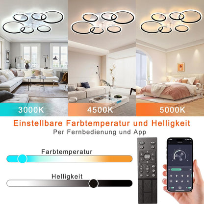 LuxiLamps - 6 Ringen LED Plafondventilator - Zwart - 6 Snelheden - Smart lamp - Dimbaar Met Afstandsbediening & APP - Moderne Cirkel Ventilator Licht - Kroonluchter Ventilator