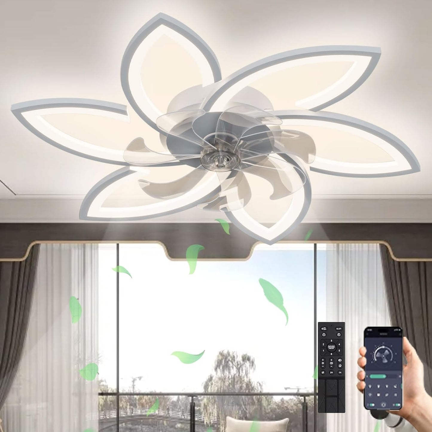 LuxiLamps - 6 Sterren Plafondlamp Met Ventilator - Wit - Met Afstandsbediening - Smart lamp - Dimbaar Met App - 6 Standen Ventilator - Woonkamerlamp - Moderne lamp - Plafoniere