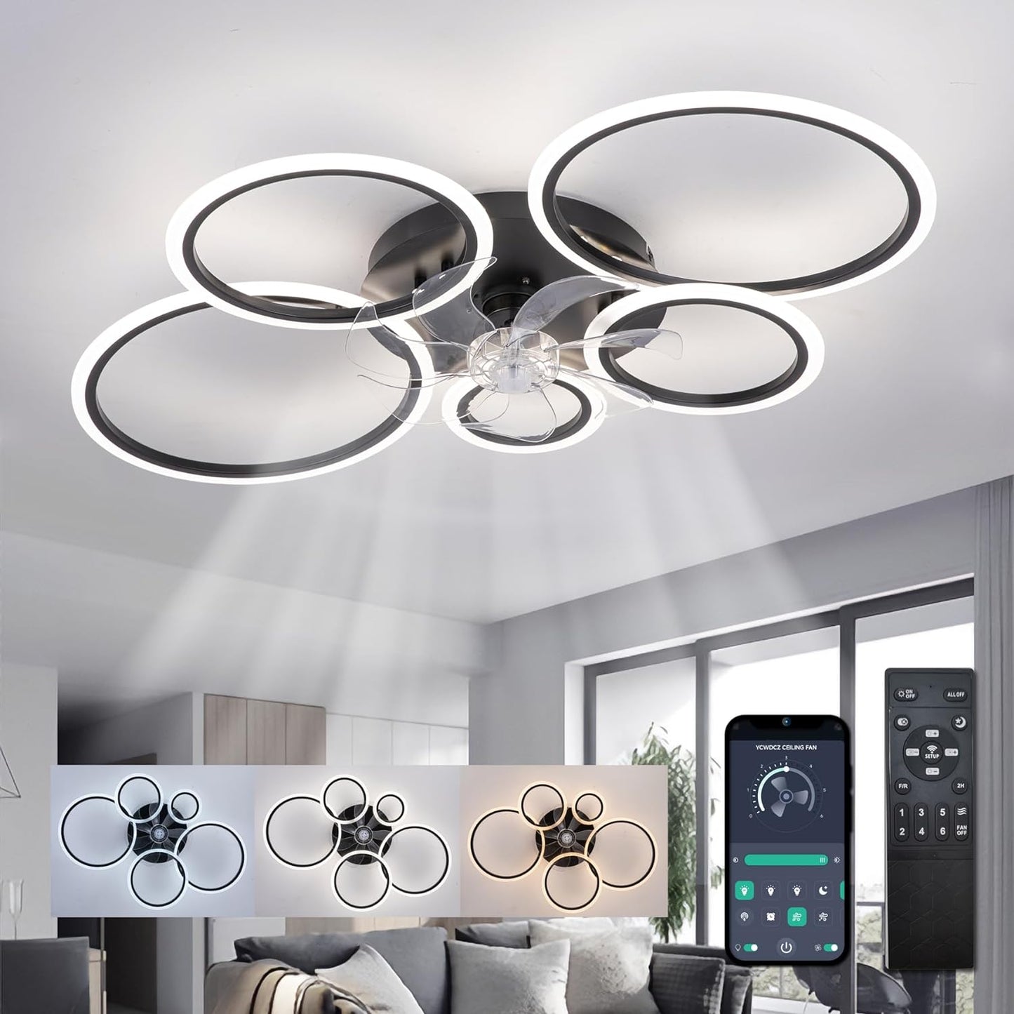 LuxiLamps - 5 Rings Ceiling Fan - Black - 6 Speeds - Dimmable With Remote Control and APP - Modern Circle Fan Light