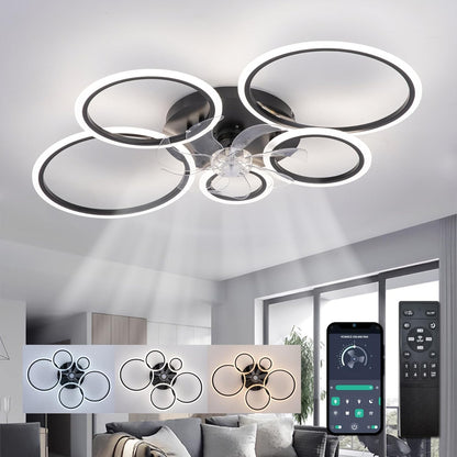LuxiLamps - 5 Rings Ceiling Fan - Black - 6 Speeds - Dimmable With Remote Control and APP - Modern Circle Fan Light