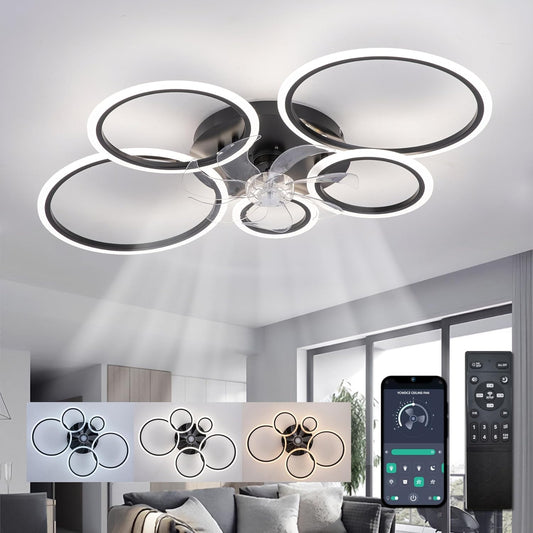 LuxiLamps - 5 Rings Ceiling Fan - Black - 6 Speeds - Dimmable With Remote Control and APP - Modern Circle Fan Light