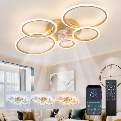 LuxiLamps - 5 Ringen Plafondventilator - Goud - 6 Snelheden - Bedienbaar Met Alexa & Google Assistant - Moderne Cirkel Ventilator Licht