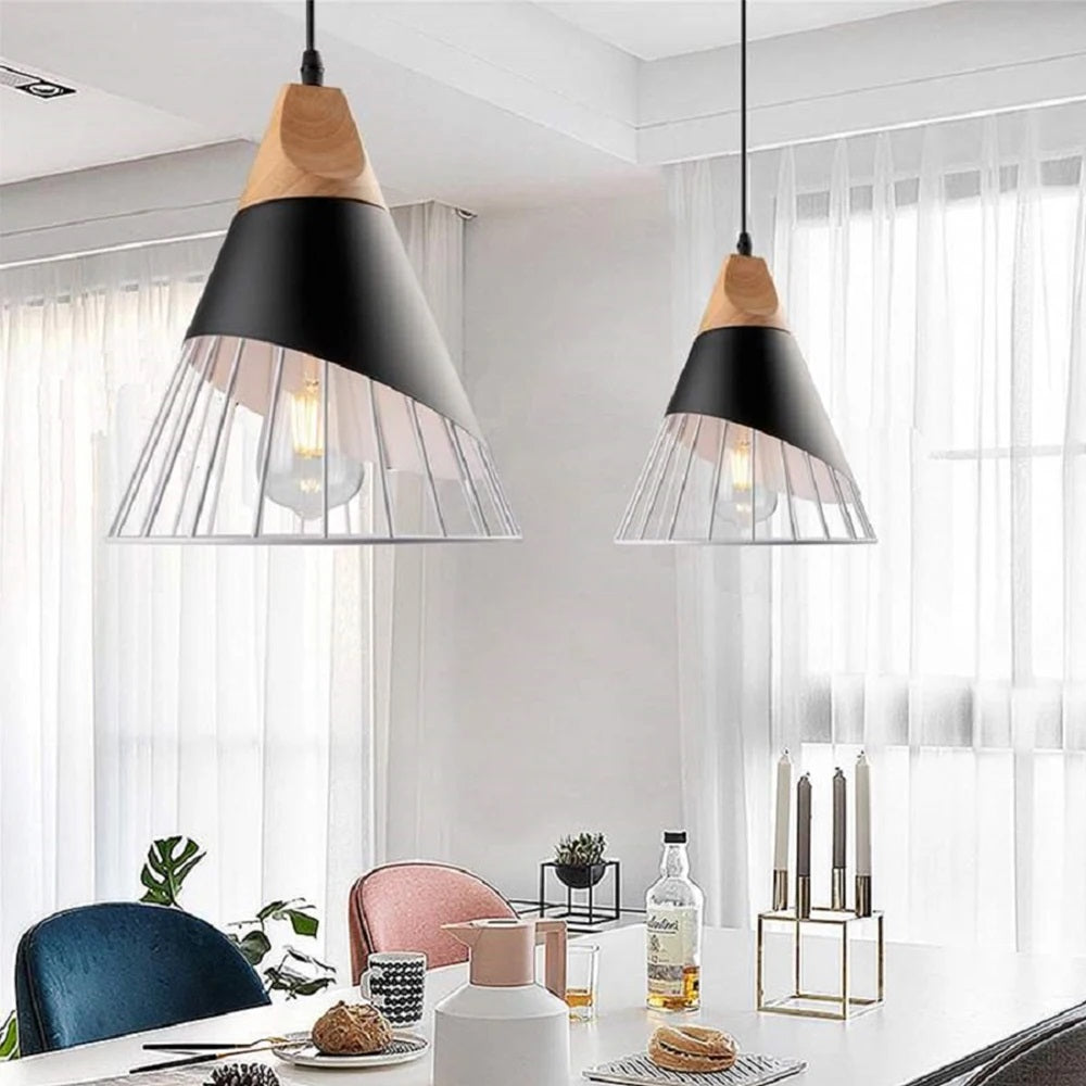 Modern Elegant Pendant Lamp - Wooden Accent - Black - 25 cm - Dining Room Lamp - Chandelier - Black - Living Room Lamp