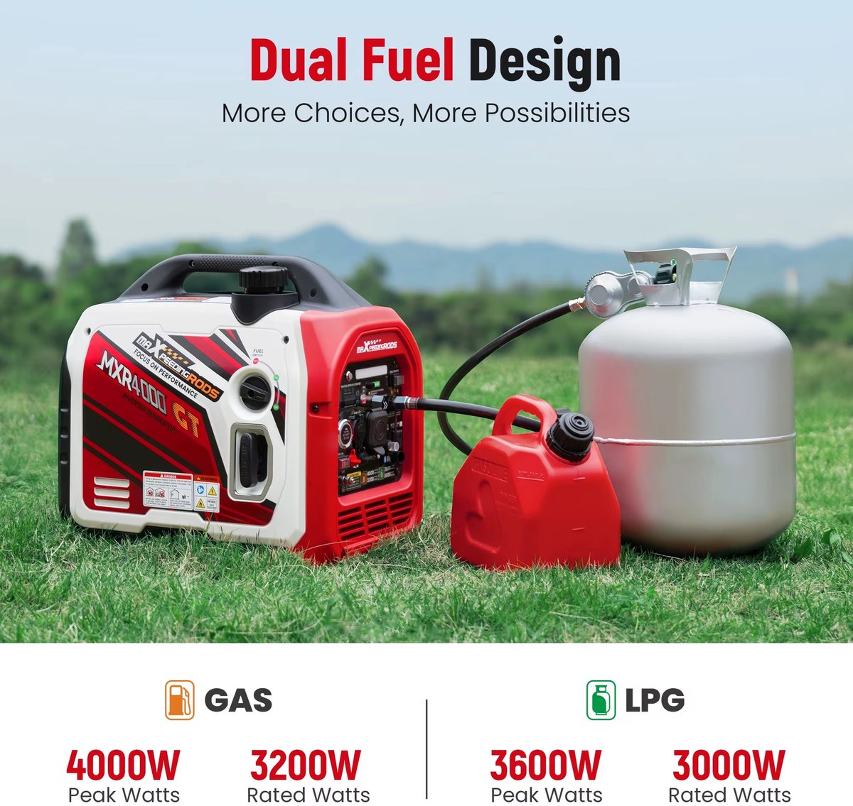 Inverter Generator 3500W - Benzine en LPG/Propaan - Dual Fuel - 3200W - 230V - Stille 4-Takt Generator met Elektrische Start, App-bediening en USB - Voor Camping, Camper en Noodstroom