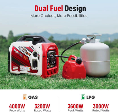 Inverter Generator 3500W - Benzine en LPG/Propaan - Dual Fuel - 3200W - 230V - Stille 4-Takt Generator met Elektrische Start, App-bediening en USB - Voor Camping, Camper en Noodstroom
