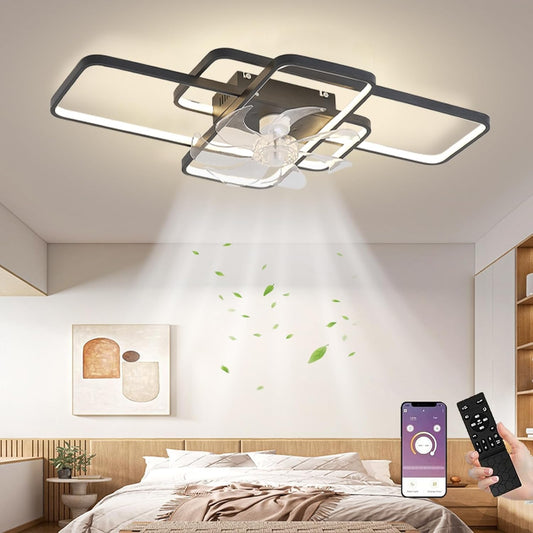 LuxiLamps - Moderne Smart Lamp Ventilator - Dimbaar - LED Plafond Ventilator - Zwart - Moderne Kroonluchter Ventilator - 72 cm - Woonkamerlamp