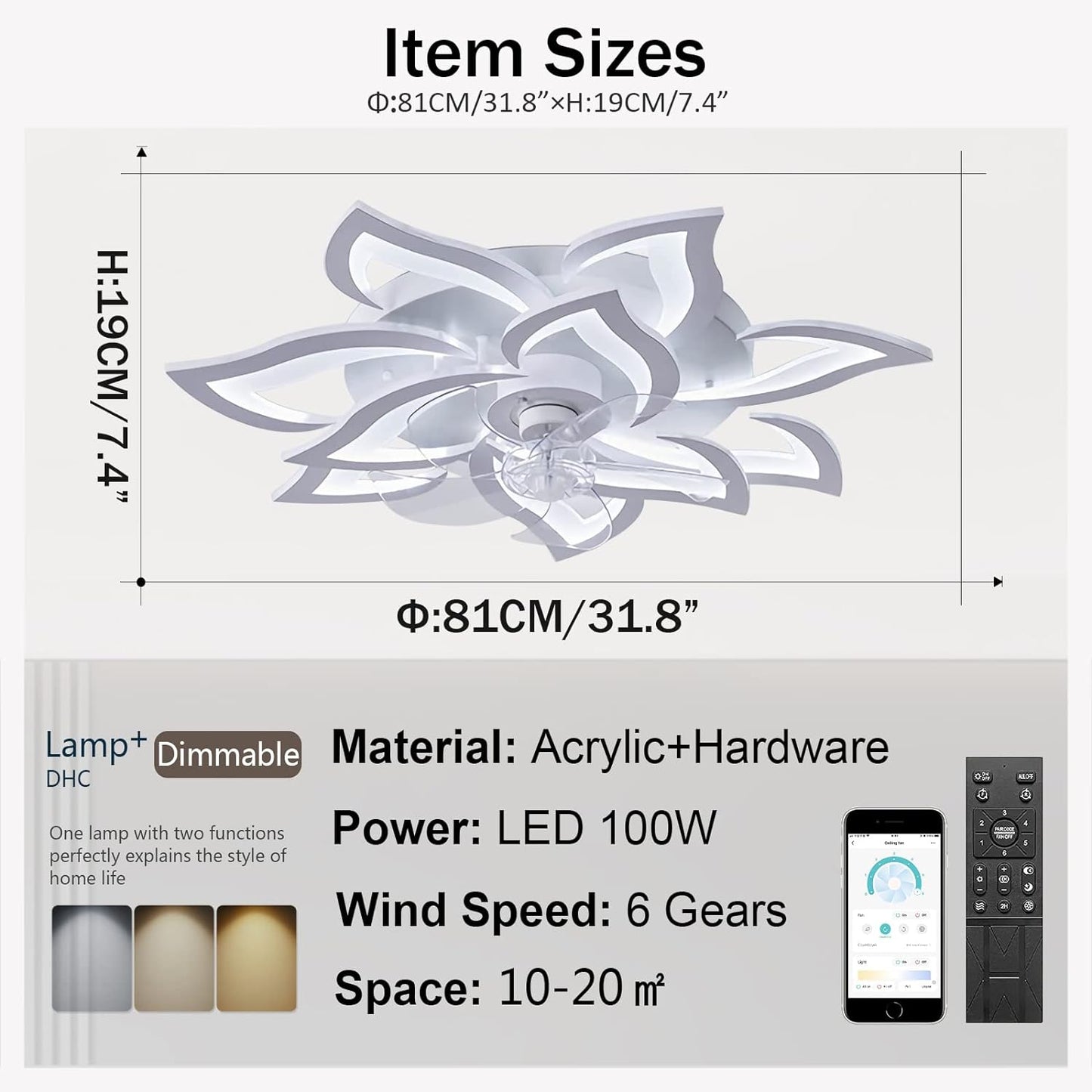 LuxiLamps - 10 Lotus Fan Lamp - Ceiling Fan - Smart Lamp - With Dimmer - 3 Modes Fan - Kitchen Lamp - Living Room Lamp - Modern Lamp