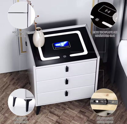 Nachtkast Met LED - 3 USB Poorten - Draadloos Opladen - Wit - 3 Laden - 59x50x45cm - Slim Nachtkastje - Slaapkamer - 3 Kleuren LED