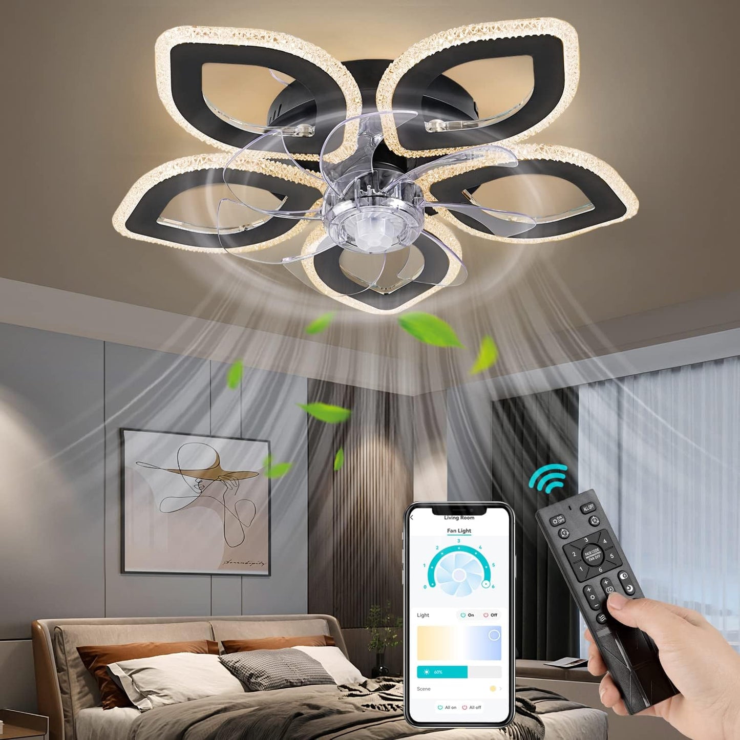 5 Blad Ventilator Lamp - Plafondventilator - Smart Lamp - Met Dimmer - Zwart - 6 Standen Ventilator - Keuken Lamp - Woonkamerlamp - Moderne lamp