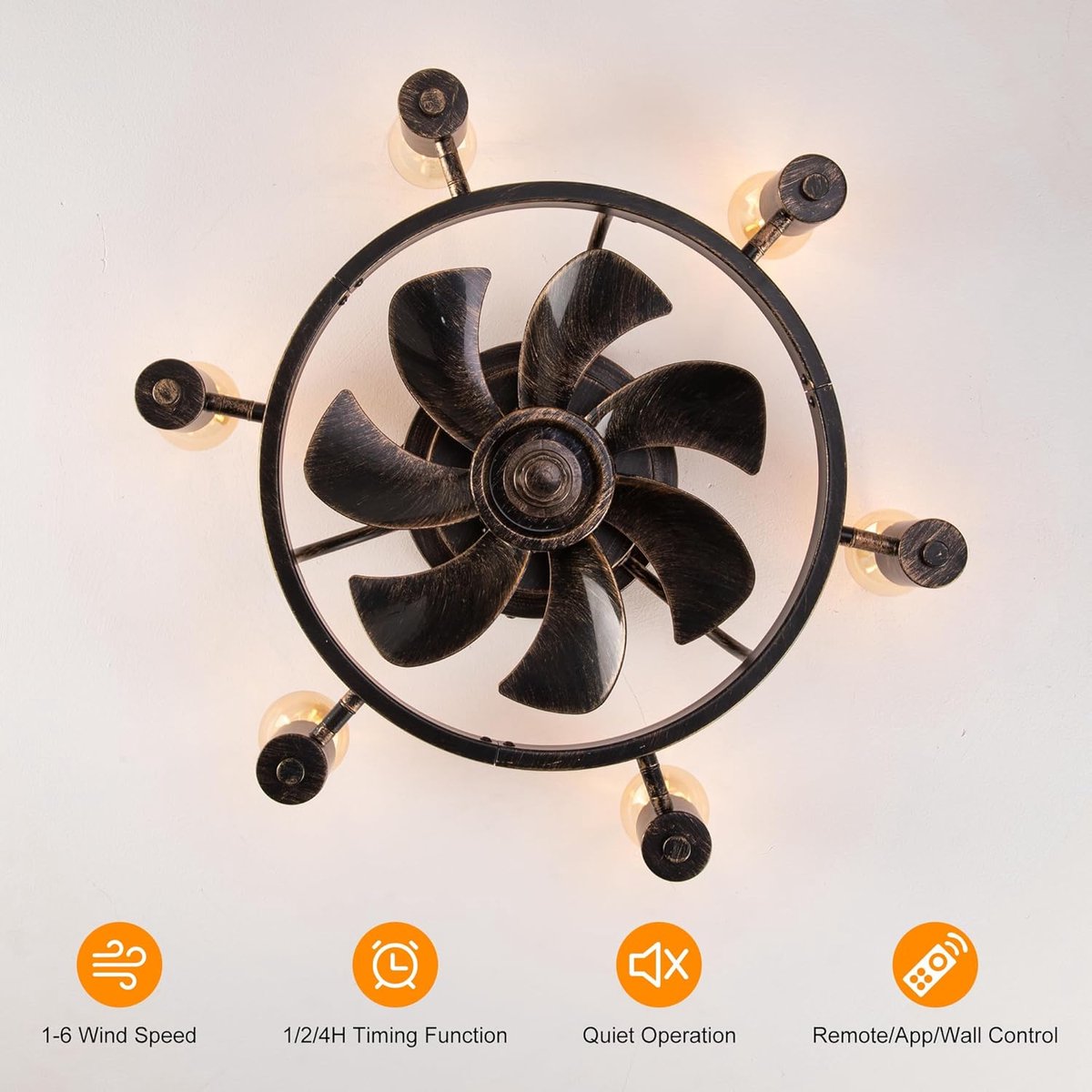 Industriële Retrostijl Plafondventilator - Ventilator Lamp - Smart Lamp - Dimbaar - 6 Standen - Moderne lamp - 6 Lampen - Bruin
