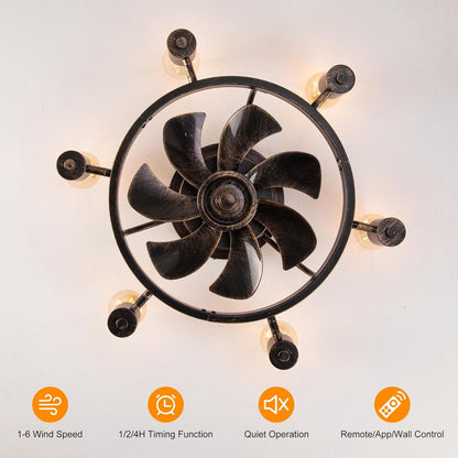 Industriële Retrostijl Plafondventilator - Ventilator Lamp - Smart Lamp - Dimbaar - 6 Standen - Moderne lamp - 6 Lampen - Bruin