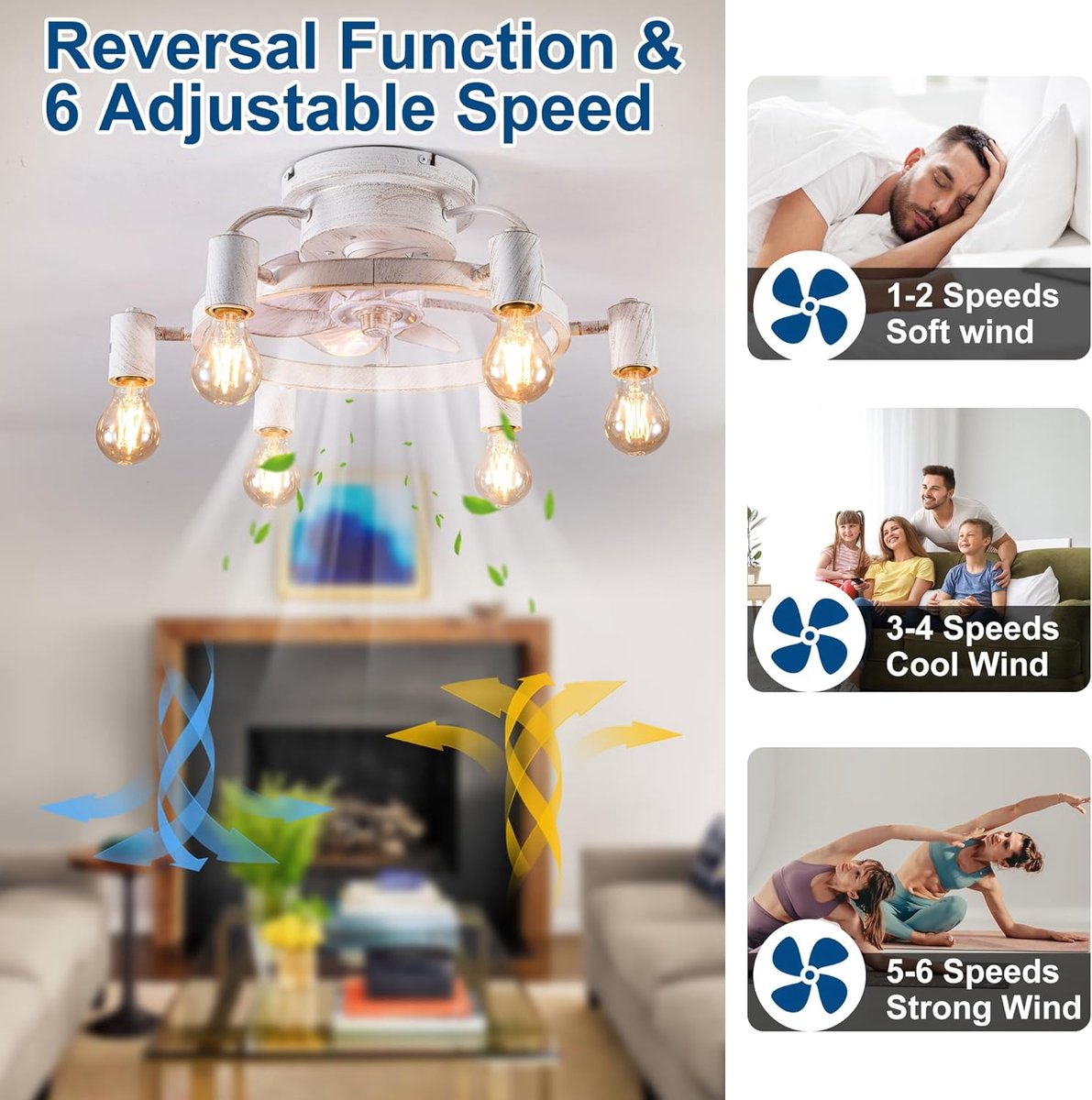 Industriële Retrostijl Plafondventilator - Ventilator Lamp - Smart Lamp - Dimbaar - 6 Standen - Moderne lamp - 6 Lampen - Wit