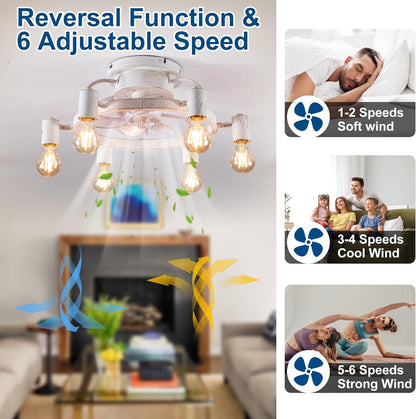 Industriële Retrostijl Plafondventilator - Ventilator Lamp - Smart Lamp - Dimbaar - 6 Standen - Moderne lamp - 6 Lampen - Wit