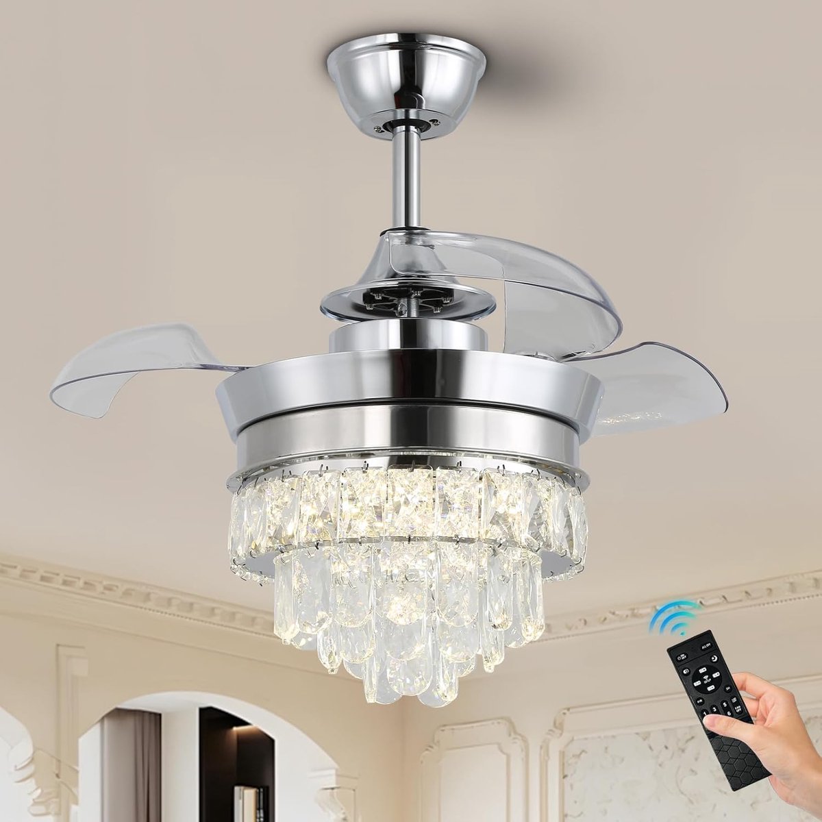 Hanglamp Ventilator - Chroom - 3 Blad - Dimbaar Met Afstandsbediening - 55 cm - 6 Standen - Woonkamer Ventilator Lamp - Plafondventilator - 22 inch