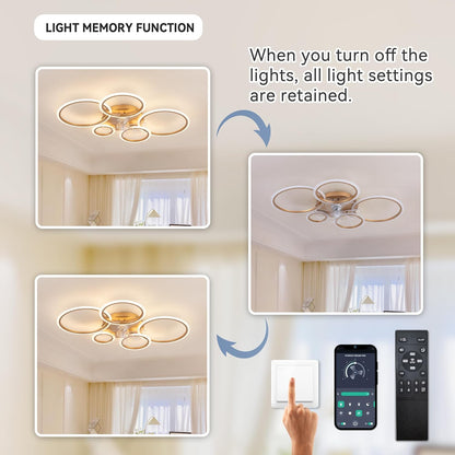 LuxiLamps - 5 Ringen Plafondventilator - Goud - 6 Snelheden - Bedienbaar Met Alexa & Google Assistant - Moderne Cirkel Ventilator Licht
