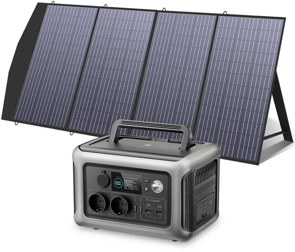 Allpowers® - R600 Powerstation + 200W Zonnepaneel Set - 600W Draagbare Accu - 299Wh LFP Batterij - 10 Apparaten Gelijktijdig Opladen - 220V Zuivere Sinus AC-uitgang - Inclusief Opvouwbaar Zonnepaneel