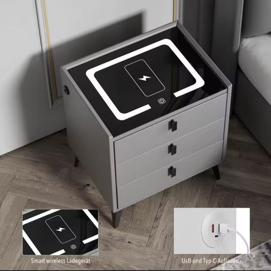 Nachtkast Met LED - 3 USB Poorten - Draadloos Opladen - Grijs - 3 Laden - 60x50x45cm - Slim Nachtkastje - Slaapkamer - 3 Kleuren LED