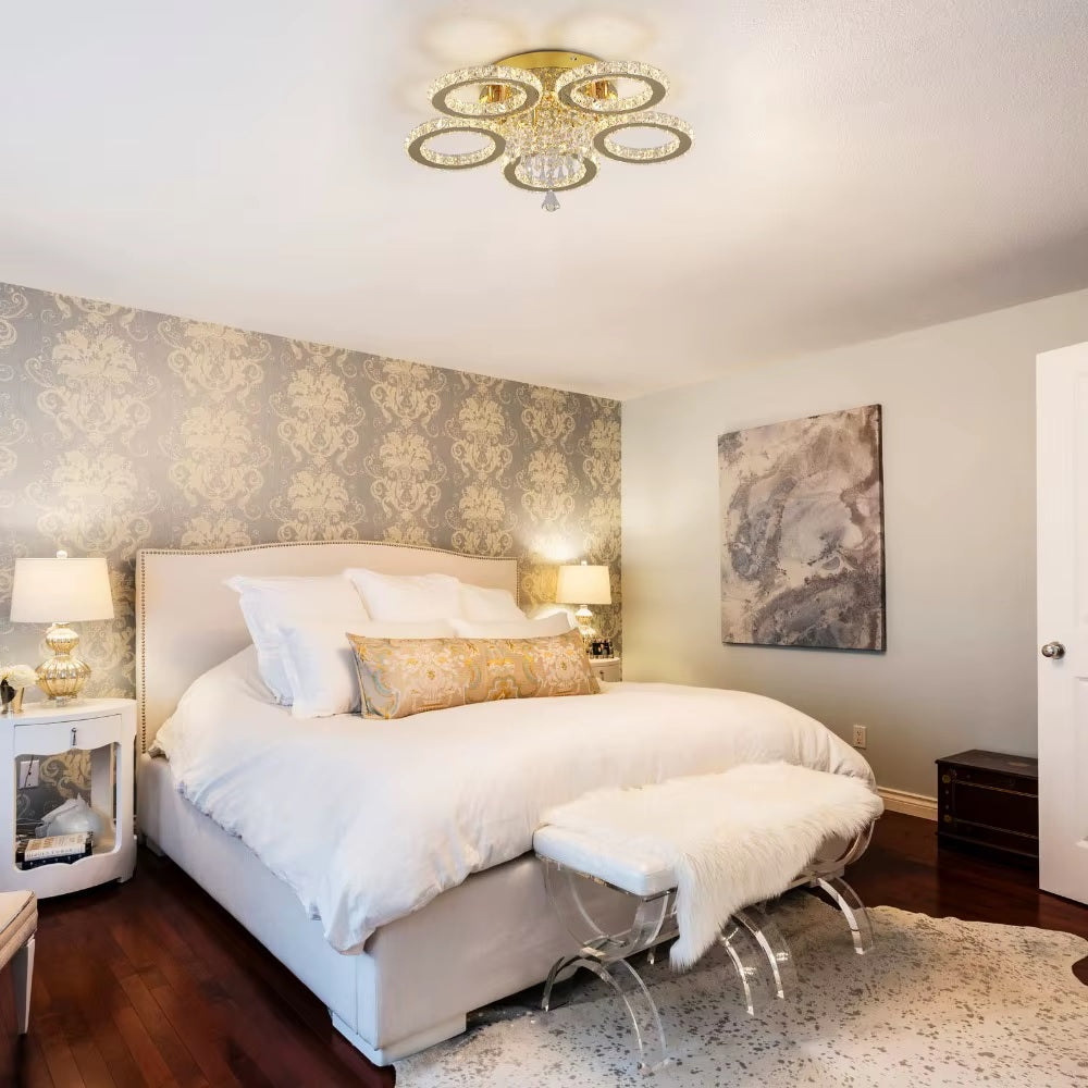 5 Cirkel Gouden Kroonluchter - Dimbaar Met Afstandsbediening - Woonkamerlamp - LED Plafondlamp - Plafonniere - Crystal LED Lamp