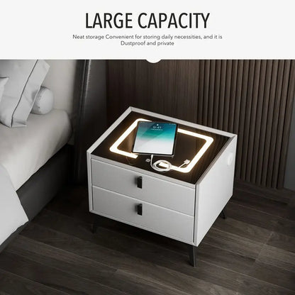 Nachtkast Met LED - 3 USB Poorten - Draadloos Opladen - Wit - 2 Laden - 50x45x40cm - Slim Nachtkastje - Slaapkamer - 3 Kleuren LED