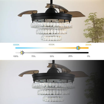 3 Ring Crystal Ventilator Lamp - Met Afstandsbediening - Stille Ventilator - 106 cm - Zwart - Timer - Woonkamerlamp Ventilator - Moderne Plafond Ventilator Lamp - Kroonluchter Ventilator