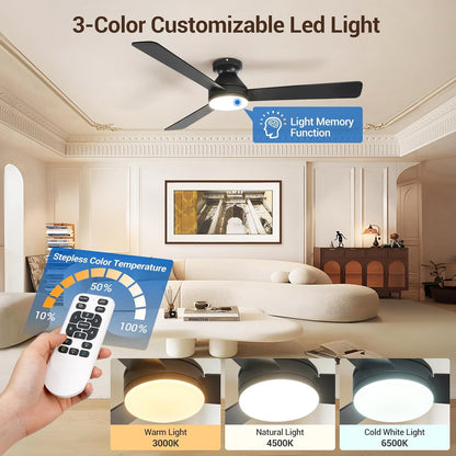 LuxiLamps - 3 Blad Plafondventilator - Moderne LED Ventilator Lamp - 6 Snelheden - Bedienbaar Met Afstandsbediening - 132 cm - Zwart - Woonkamerlamp