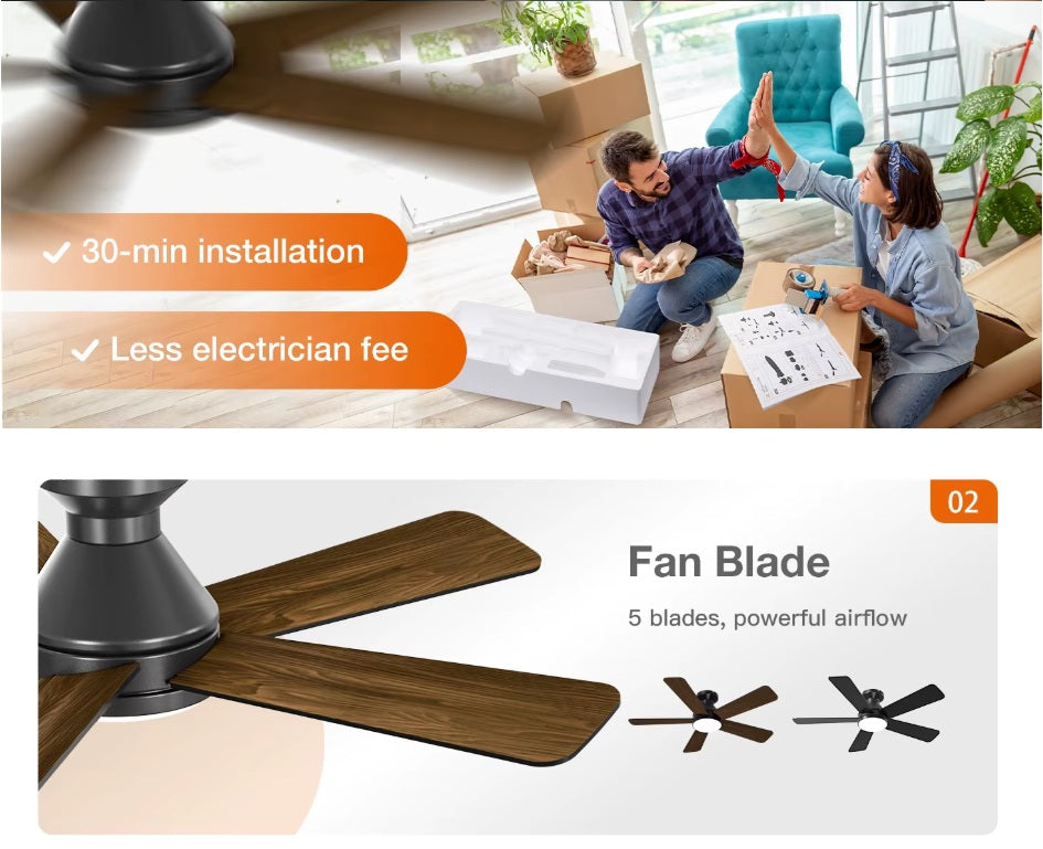 LuxiLamps | 5 Blad Plafondventilator | Met Afstandsbediening | 6 Standen | Geheugenfunctie | Zwart/Bruin | Ventilator | 132 cm | Dimbaar | Woonkamerlamp | Moderne lamp