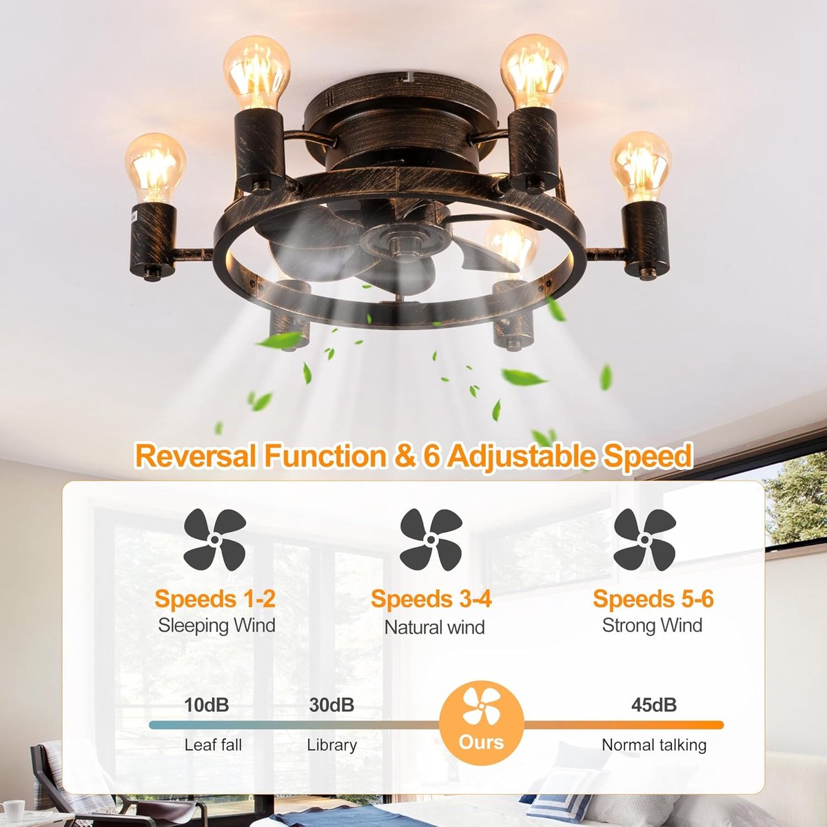 Industriële Retrostijl Plafondventilator - Ventilator Lamp - Smart Lamp - Dimbaar - 6 Standen - Moderne lamp - 6 Lampen - Bruin