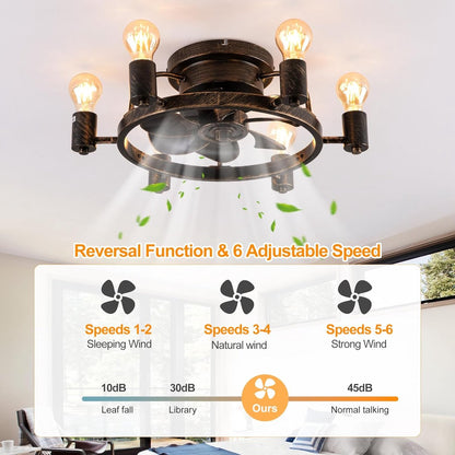 Industriële Retrostijl Plafondventilator - Ventilator Lamp - Smart Lamp - Dimbaar - 6 Standen - Moderne lamp - 6 Lampen - Bruin