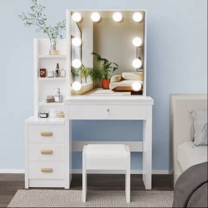 Witte Make-up tafel - Instelbare LED Verlichting - Kaptafel met Spiegel - 4 Laden - Met Kruk - Aanpasbare Planken - Stijlvolle Opslag voor Make-up