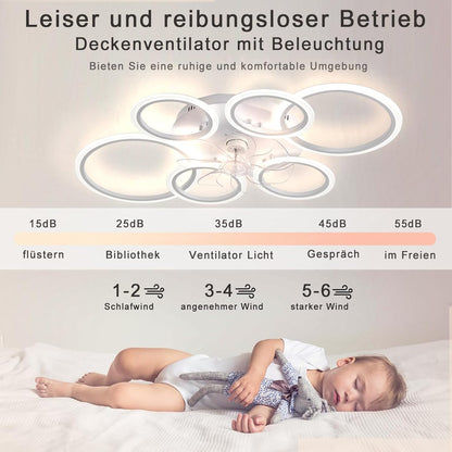 LuxiLamps - 6 Ringen LED Plafondventilator - Wit - 6 Snelheden - Smart lamp - Dimbaar Met Afstandsbediening & APP - Moderne Cirkel Ventilator Licht - Kroonluchter Ventilator