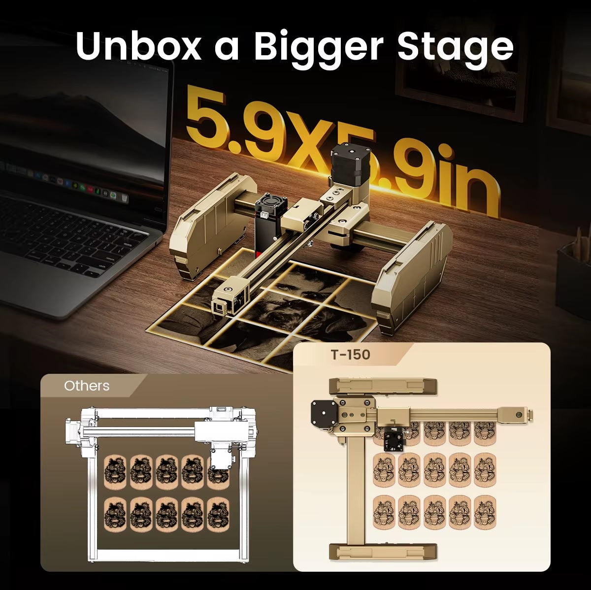 Laser Graveermachine T150 Pro 6W - Laser Cutter - Laserprinter All In One - Graveren - Display - Geel - Laser Snijmachine - Bedienbaar Met APP