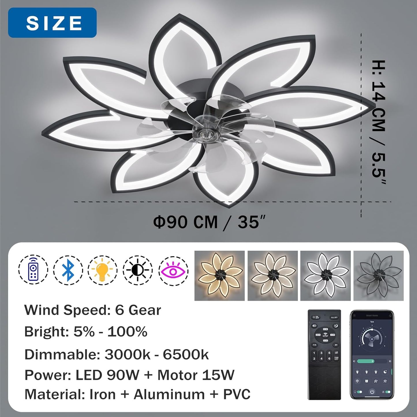 LuxiLamps - 8 Sterren Plafondlamp Met Ventilator - Zwart - Met Afstandsbediening - Smart lamp - Dimbaar Met App - 6 Standen Ventilator - Woonkamerlamp - Moderne lamp - Plafoniere