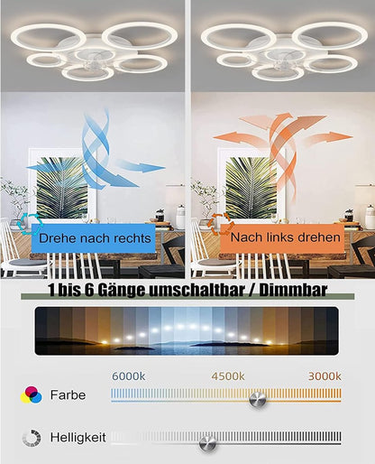 6 Ringen Plafondventilator - Wit - 6 Snelheden - Dimbaar Met Afstandsbediening en APP - Moderne Cirkel Ventilator Licht