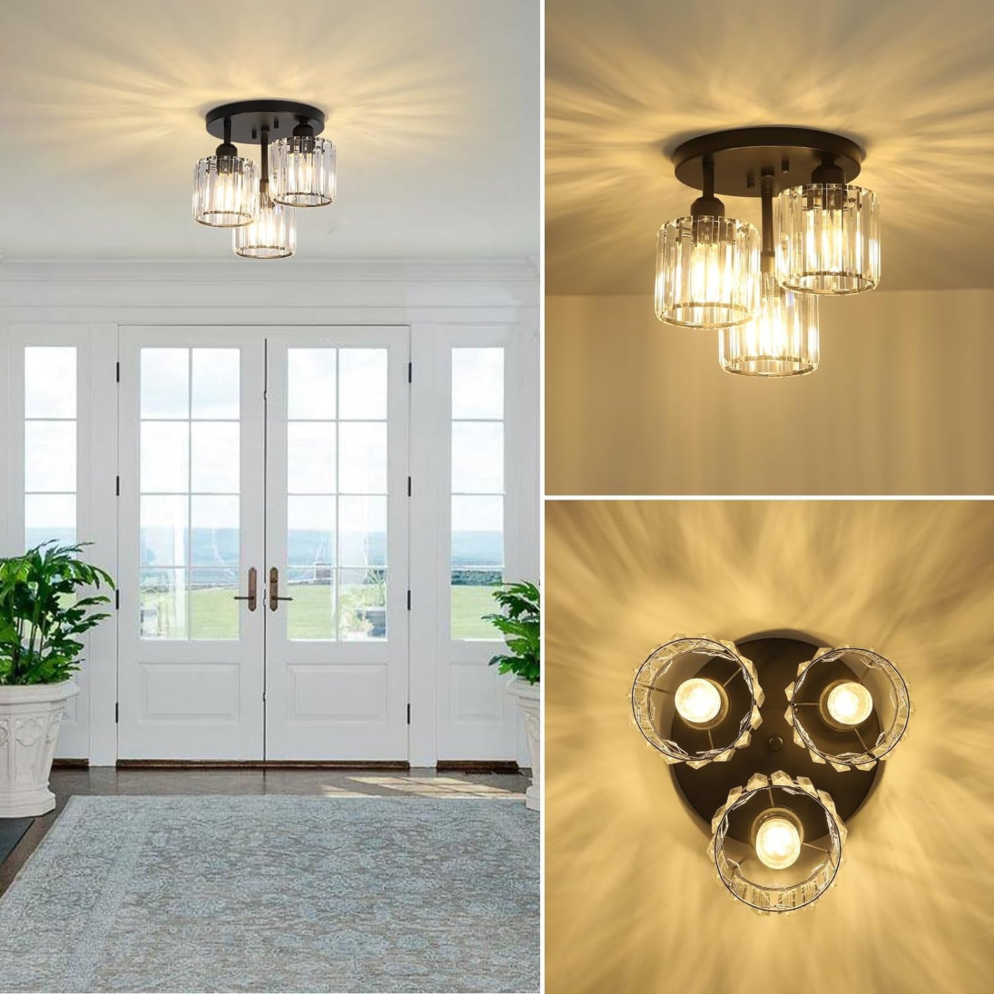 Moderne Kristallen Kroonluchter - 3 Kop Crystal Plafondlamp - K9-Kristal - E27 - Zwart - Verlichting - Plafonnière