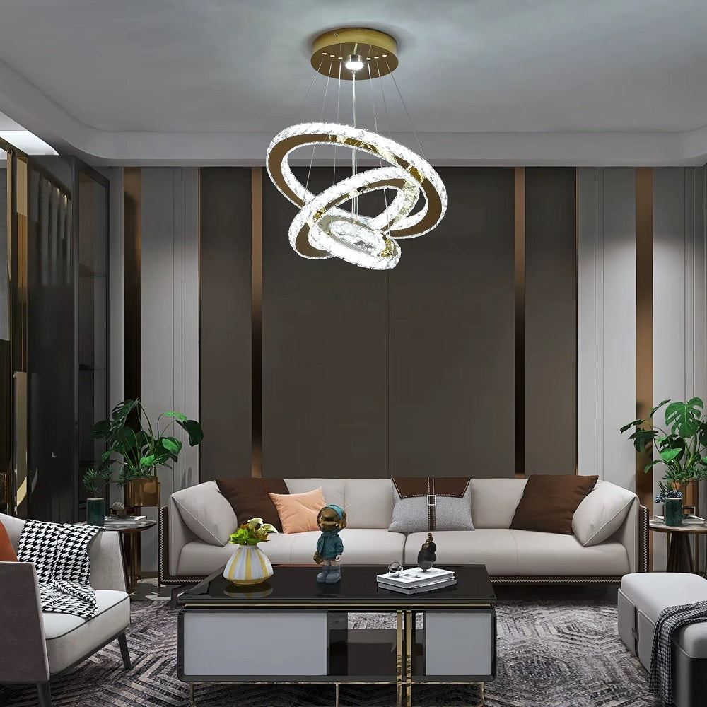 Luxe Kristallen Kroonluchter - Goud - Eettafel Hanglamp - Woonkamerlamp - 3 Ringen - 40 30 20 cm