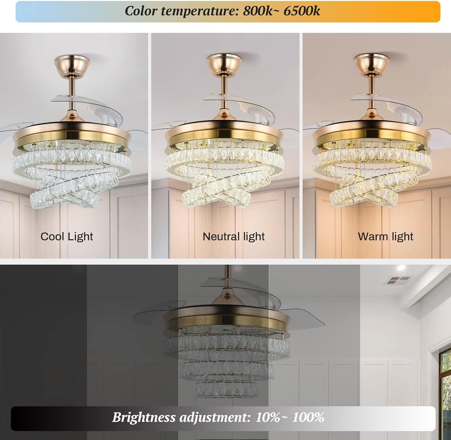 3 Ring Crystal Ventilator Lamp - Met Afstandsbediening - Stille Ventilator - 106 cm - Goud - Timer - Woonkamerlamp Ventilator - Moderne Plafond Ventilator Lamp - Kroonluchter Ventilator