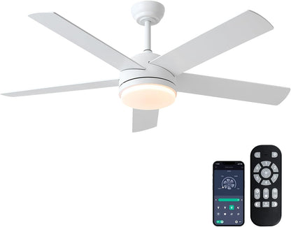 LuxiLamps - 5 Blad Plafondventilator - Moderne LED Ventilator - 3 Snelheden - Bedienbaar Met Afstandsbediening - 132 cm - Wit - Omkeerbare Bladen