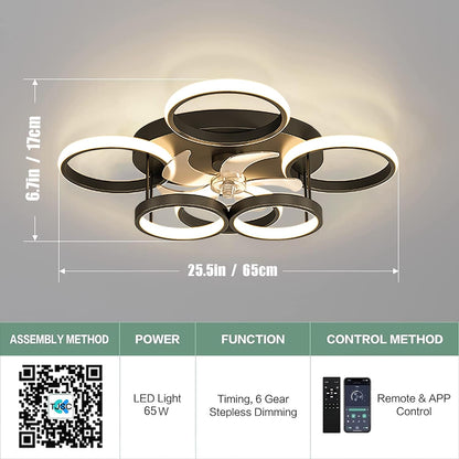 LuxiLamps - 6 Cirkel Plafondventilator - Zwart - 6 Snelheden - Dimbaar Met Afstandsbediening en APP - Moderne Smart Lamp Ventilator