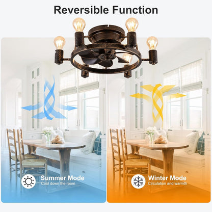 Industriële Retrostijl Plafondventilator - Ventilator Lamp - Smart Lamp - Dimbaar - 6 Standen - Moderne lamp - 6 Lampen - Bruin