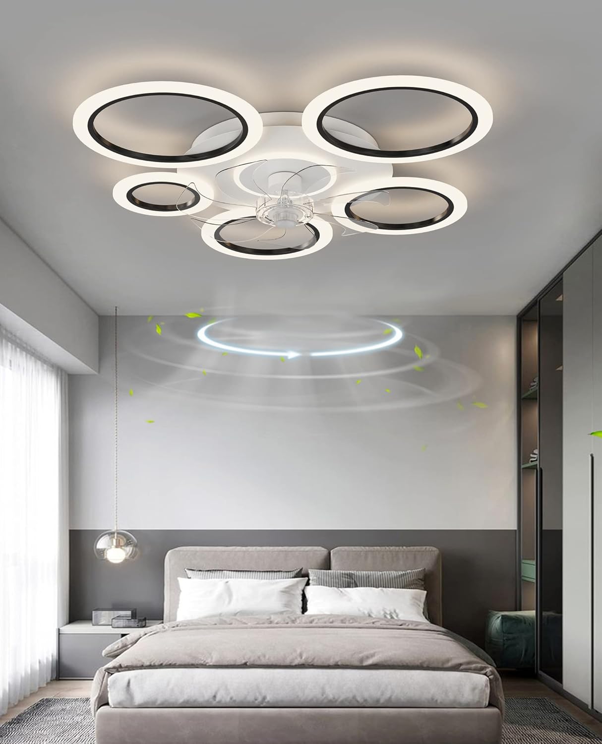 LuxiLamps - 6 Rings Ceiling Fan - Black - 6 Speeds - Dimmable With Remote Control and APP - Modern Circle Fan Light